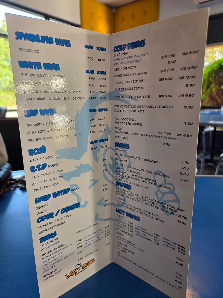 Menu, Lazy Moe's OAKLEIGH