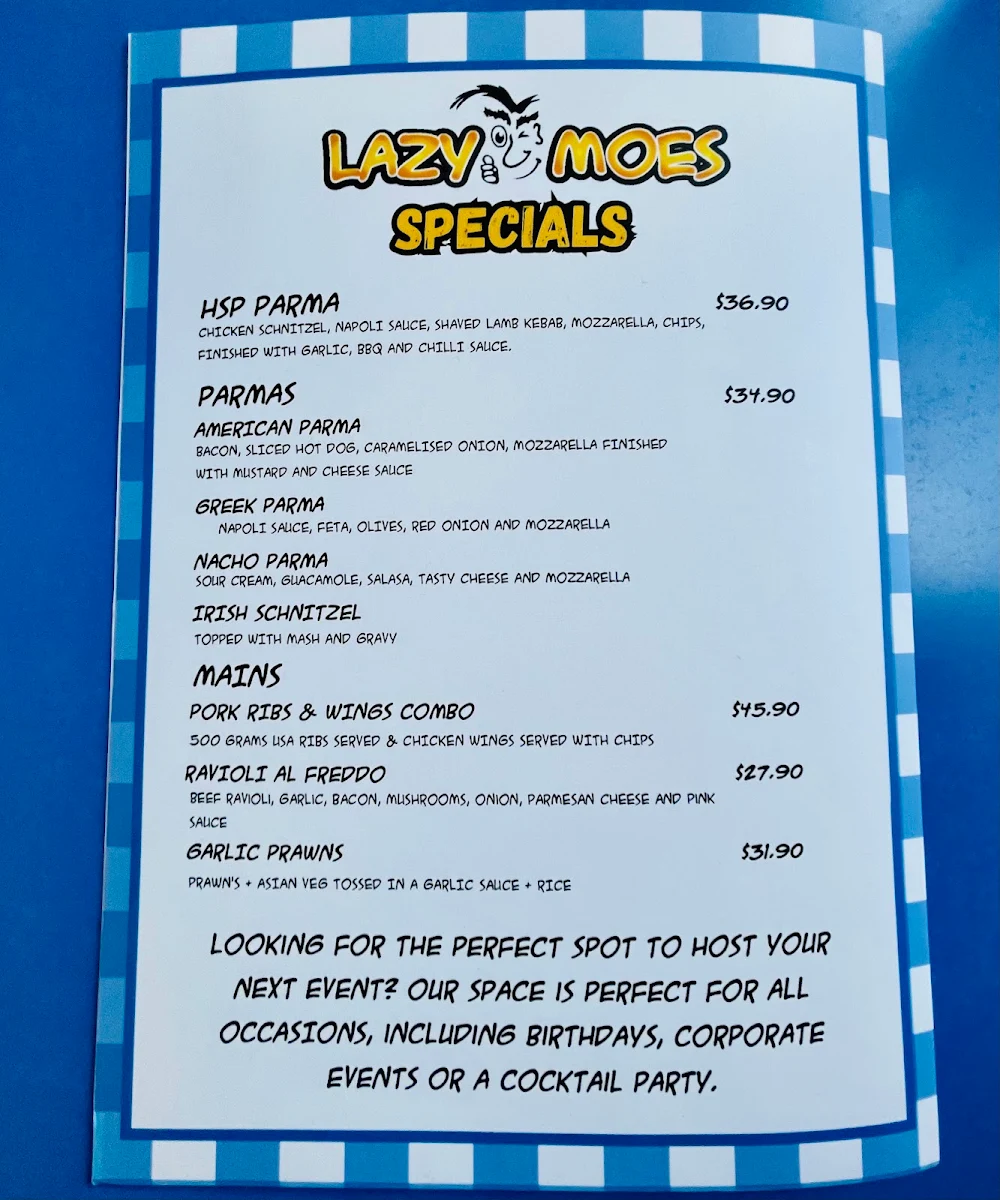Menu, Lazy Moe's OAKLEIGH