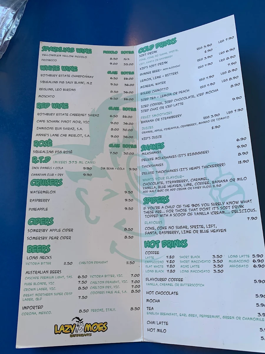 Menu, Lazy Moe's OAKLEIGH