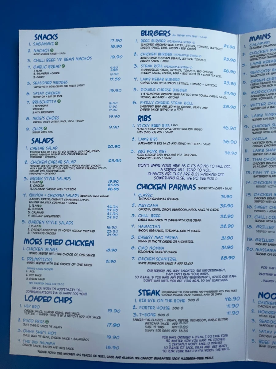 Menu, Lazy Moe's OAKLEIGH