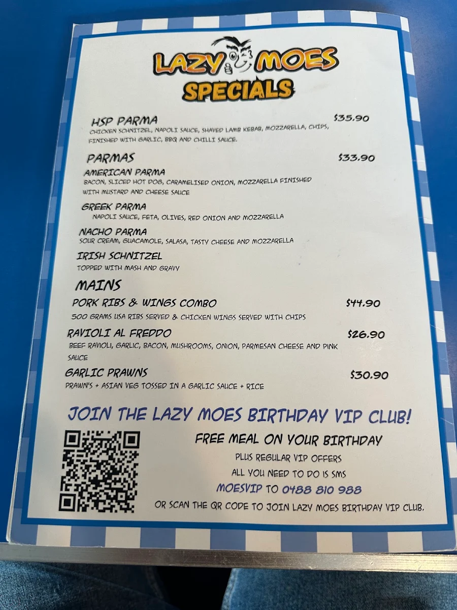 Menu, Lazy Moe's OAKLEIGH