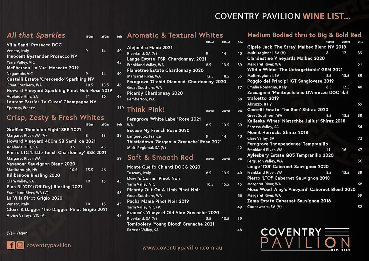 Menu, Coventry Pavilion