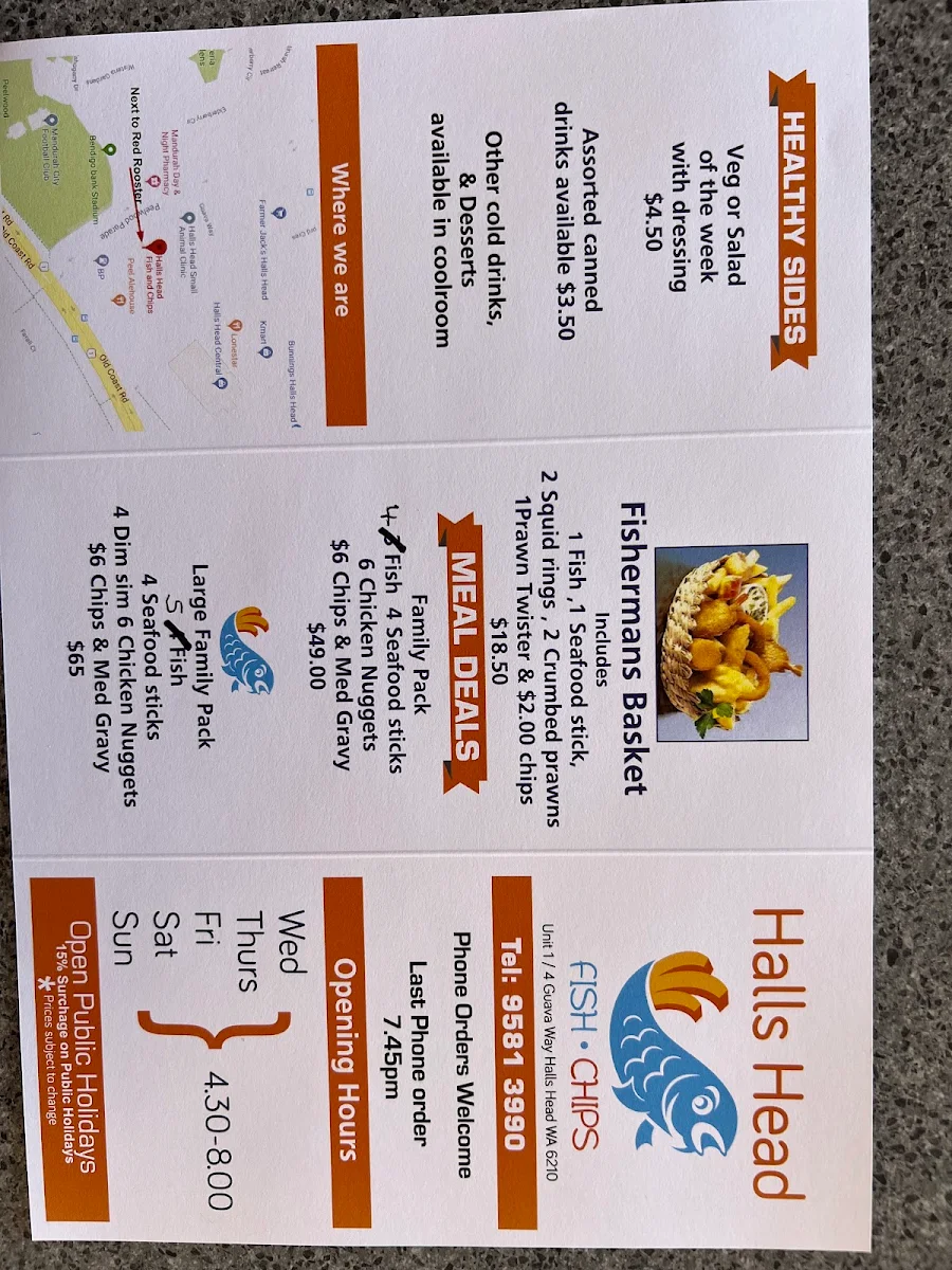 Menu, Halls Head Fish and Chips