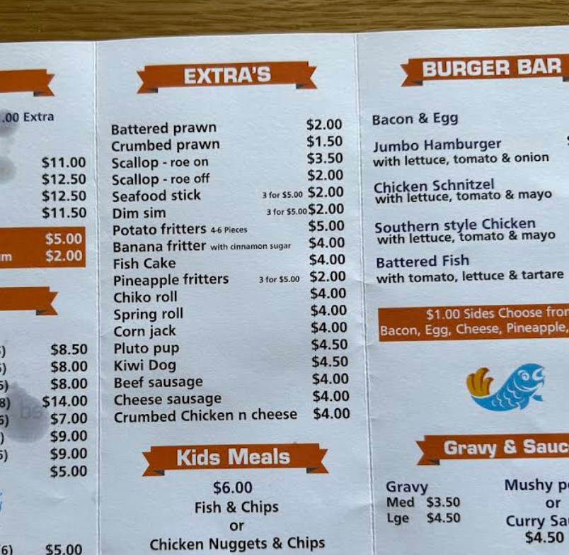 Menu, Halls Head Fish and Chips