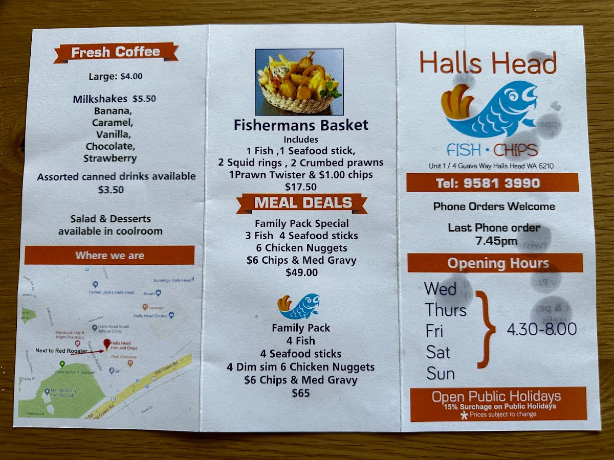 Menu, Halls Head Fish and Chips