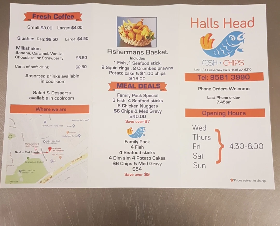 Menu, Halls Head Fish and Chips