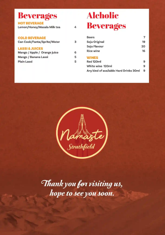 Menu, Namaste Strathfield(Nepali Indian Restaurant)