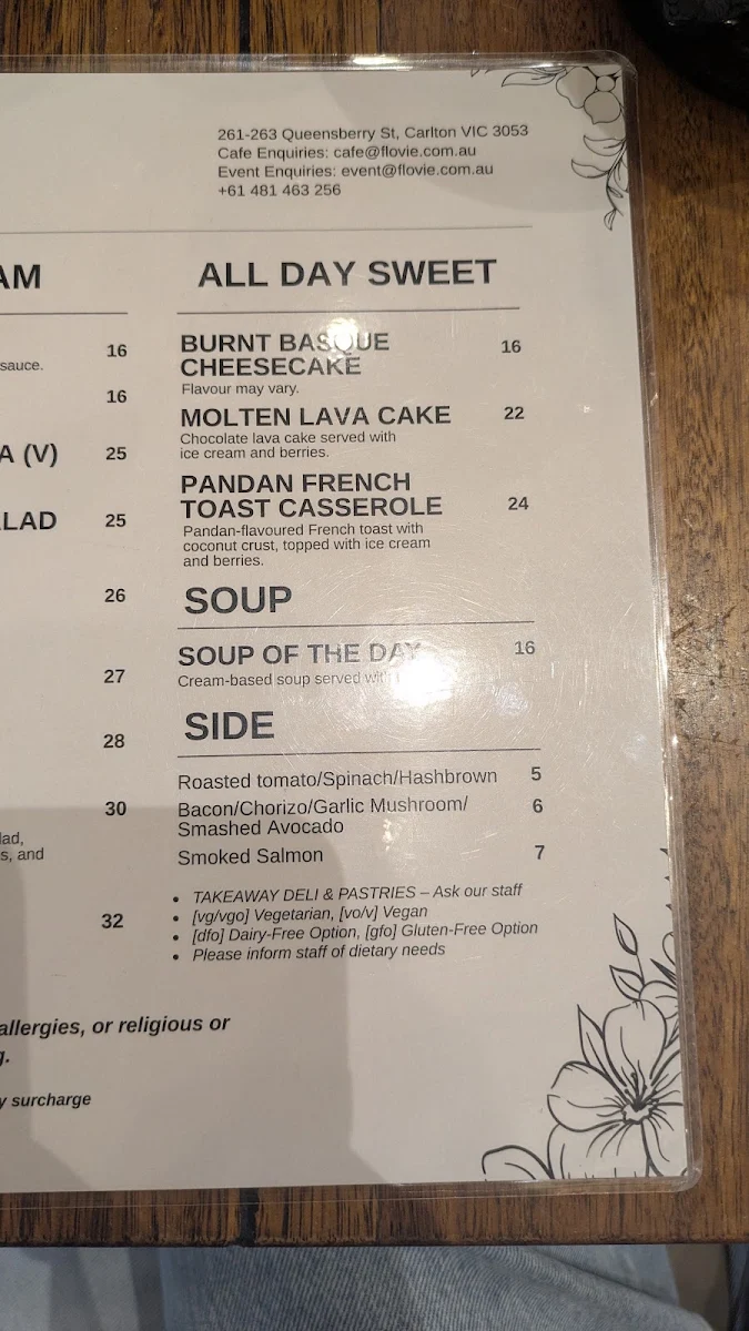 Menu, FLOVIE CAFE