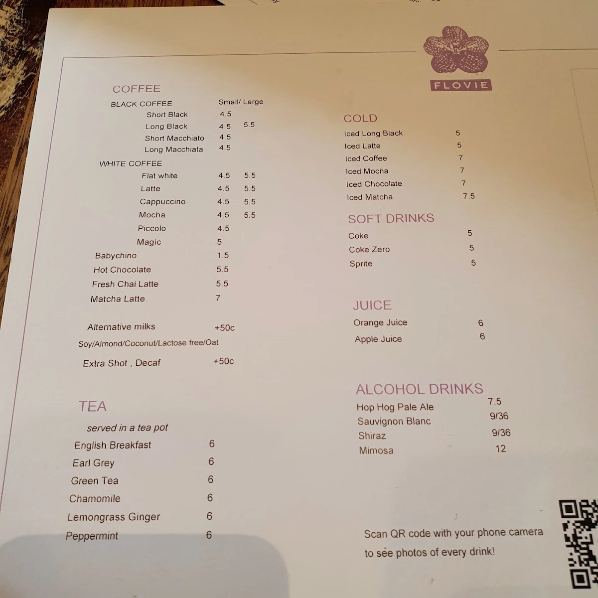Menu, FLOVIE CAFE