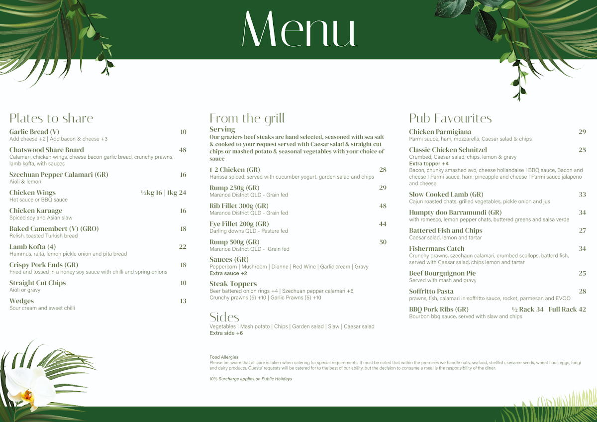 Menu, Chatswood Hills Tavern
