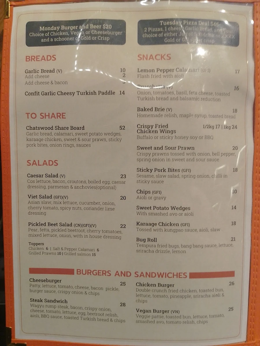 Menu, Chatswood Hills Tavern