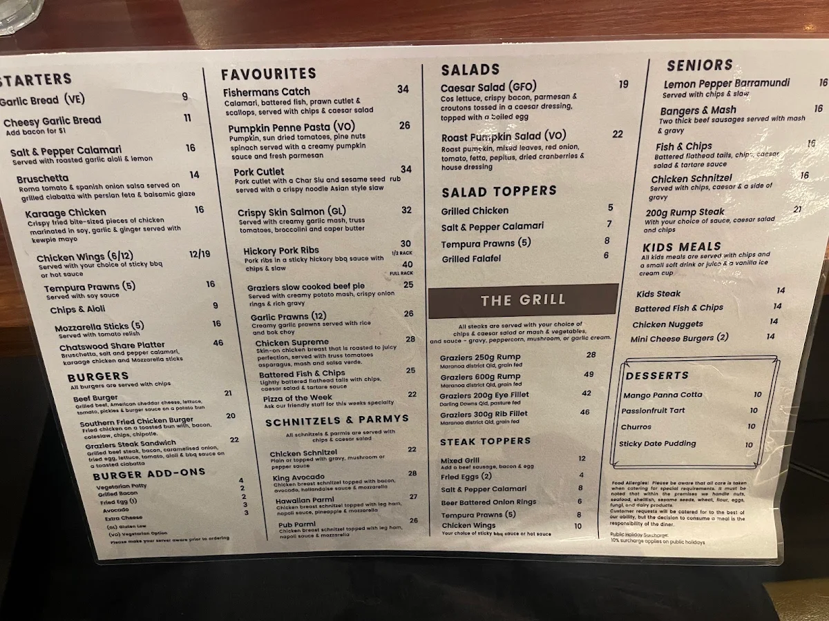 Menu, Chatswood Hills Tavern