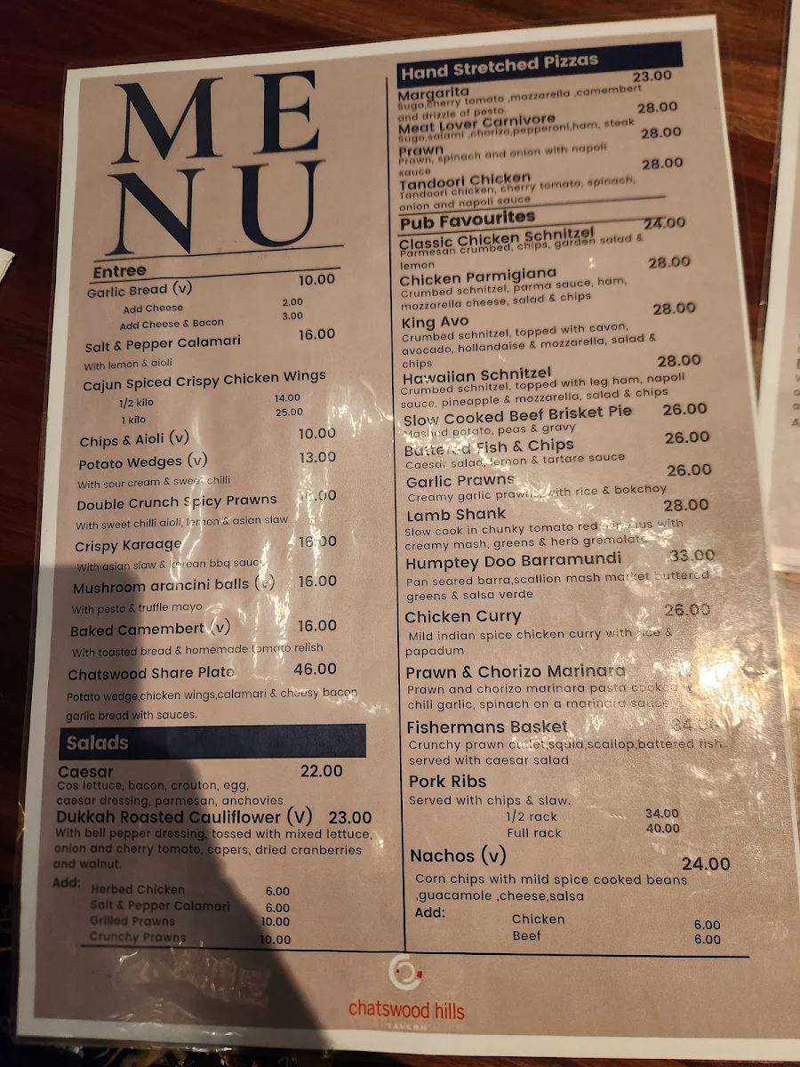 Menu, Chatswood Hills Tavern