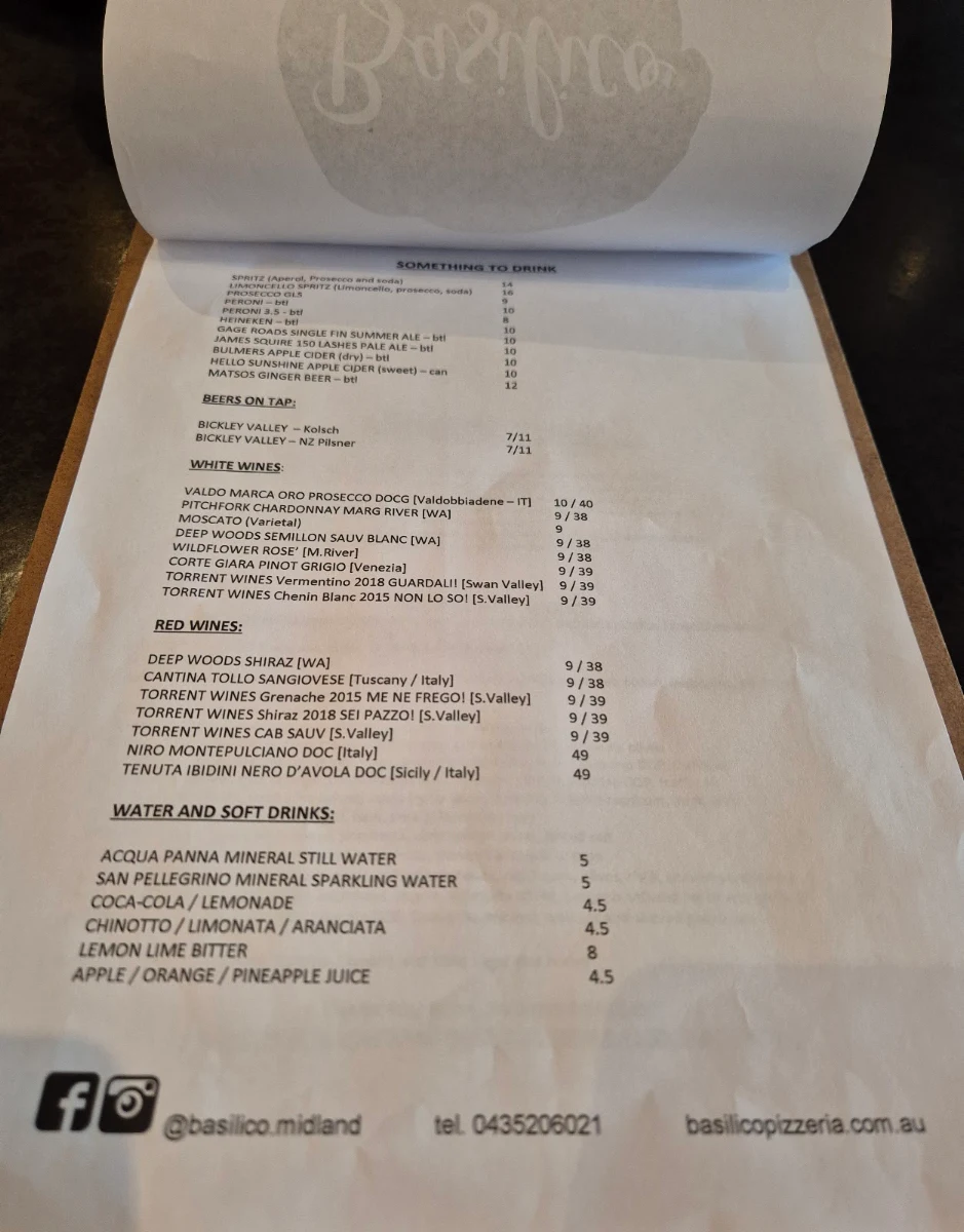 Menu, Basilico Pizzeria