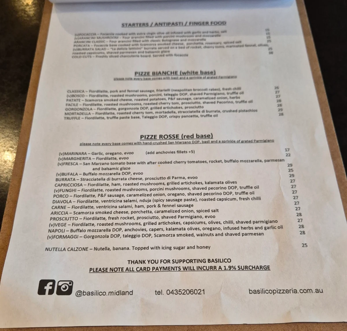 Menu, Basilico Pizzeria