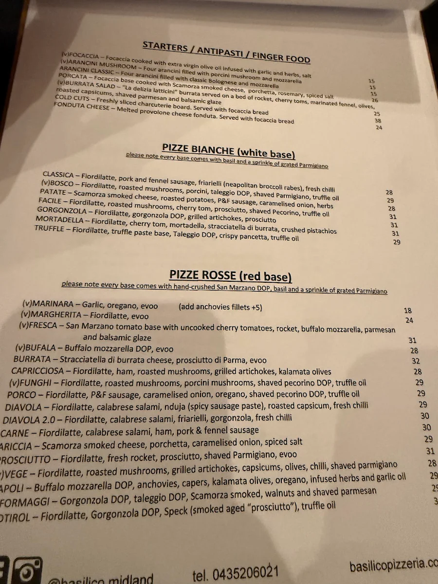 Menu, Basilico Pizzeria