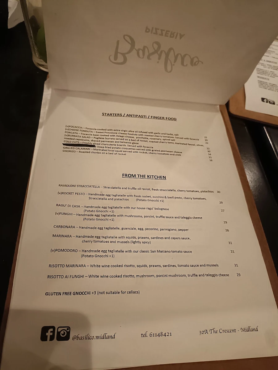 Menu, Basilico Pizzeria