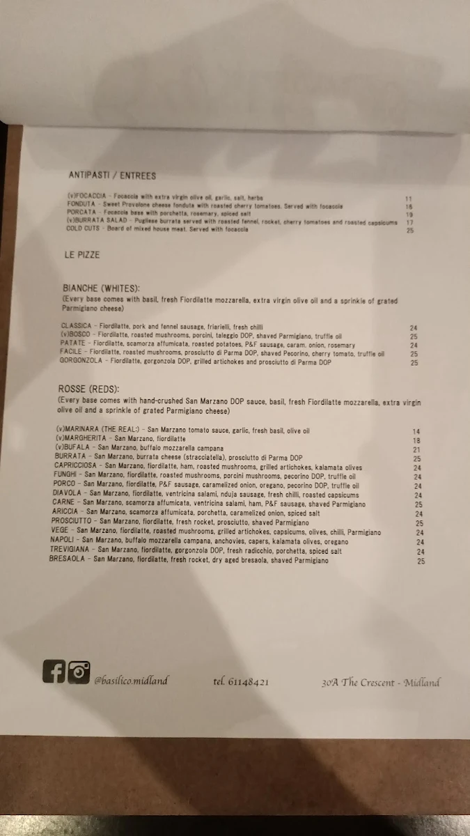 Menu, Basilico Pizzeria