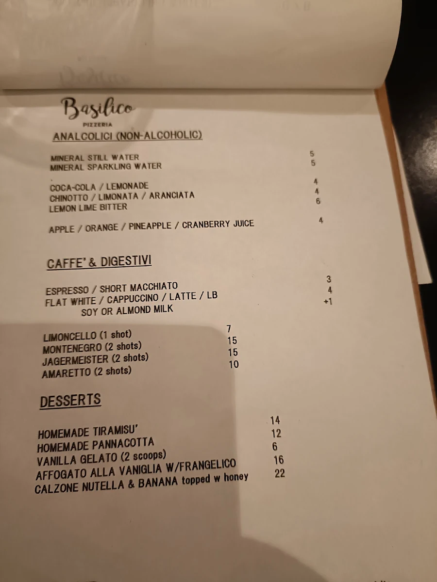 Menu, Basilico Pizzeria