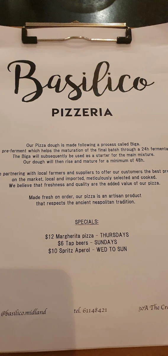 Menu, Basilico Pizzeria