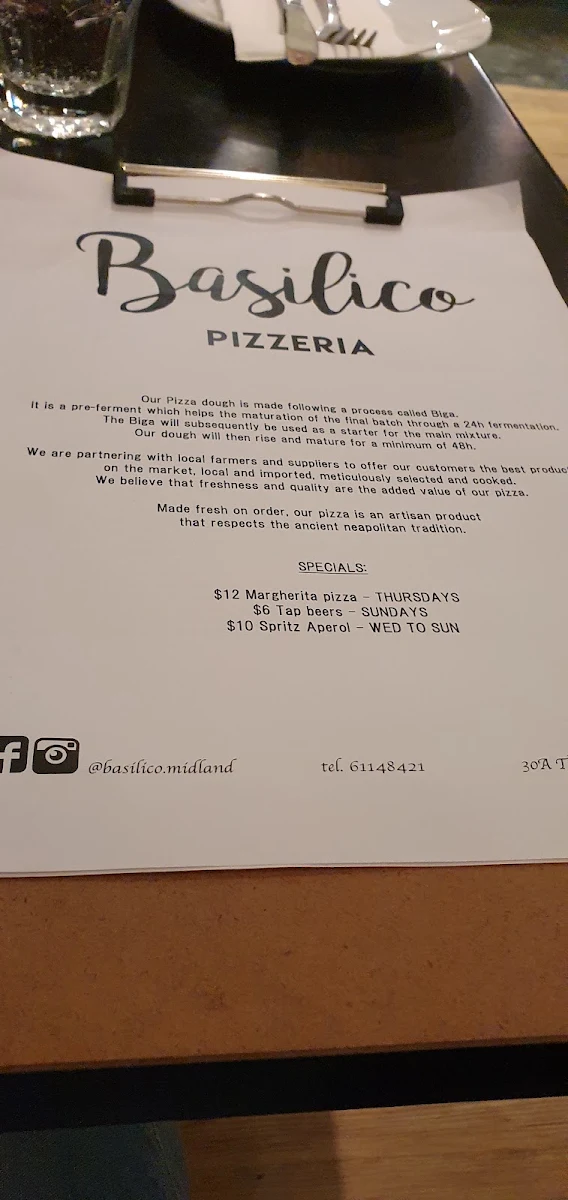 Menu, Basilico Pizzeria