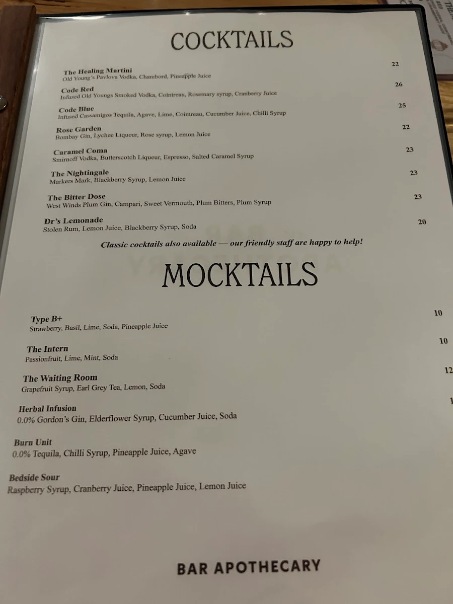 Menu, Bar Apothecary