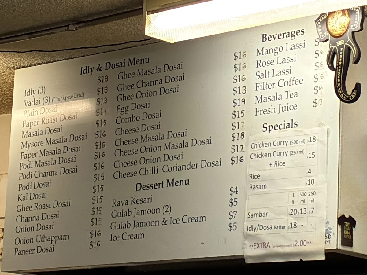 Menu, Dosa House