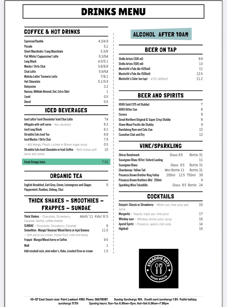 Menu, Straddie Eats
