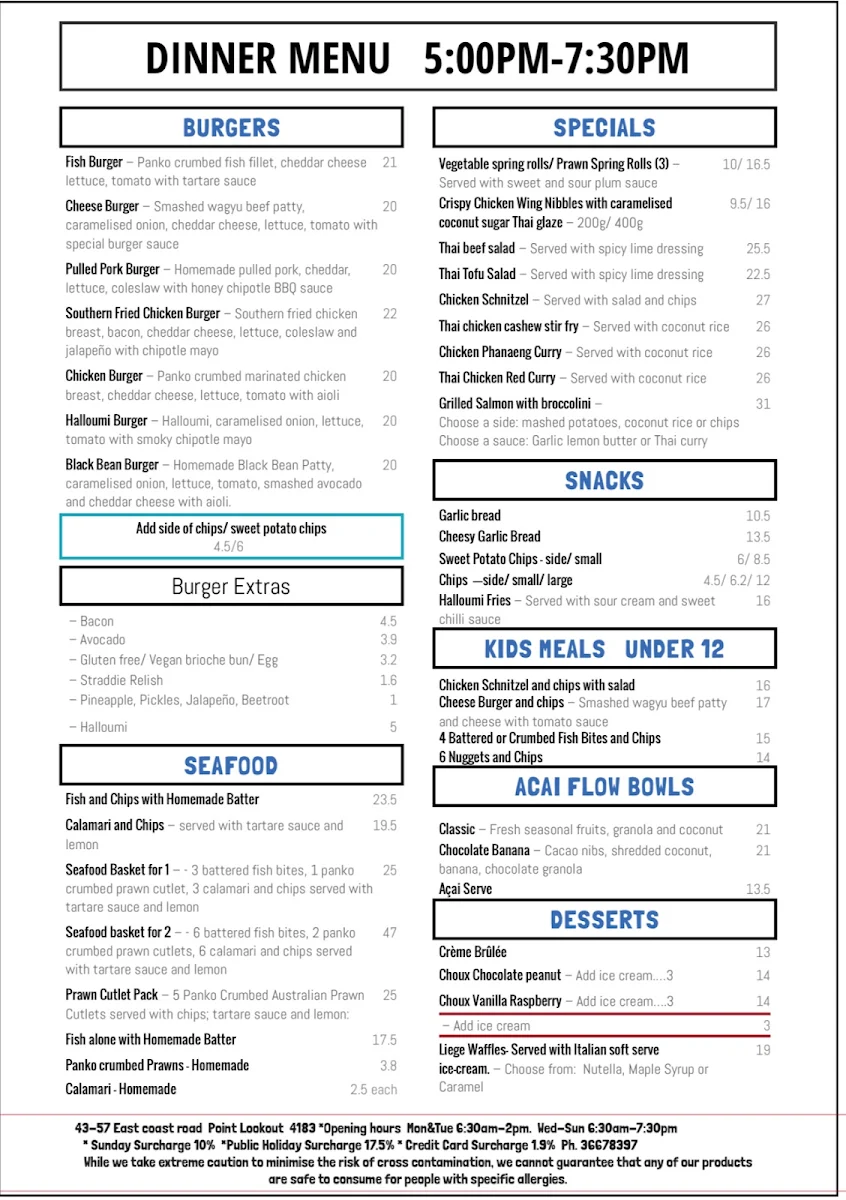 Menu, Straddie Eats