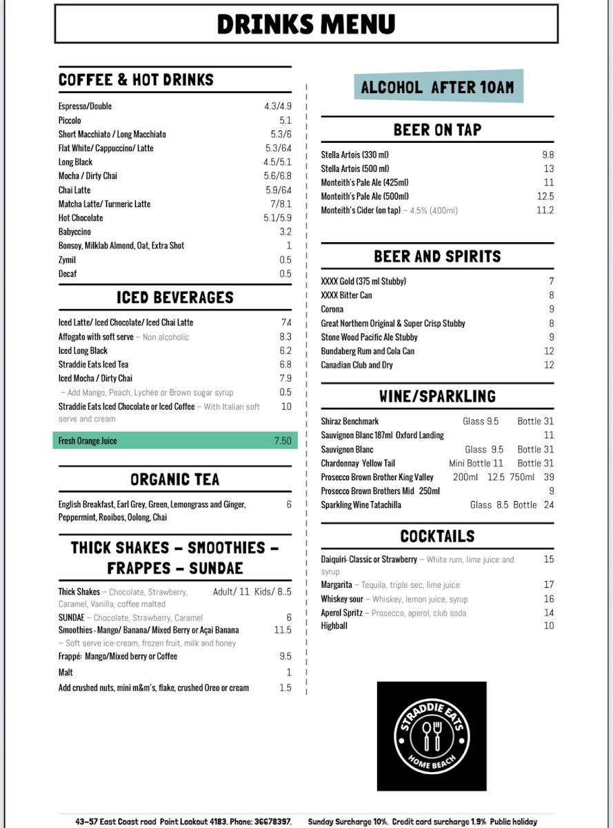 Menu, Straddie Eats