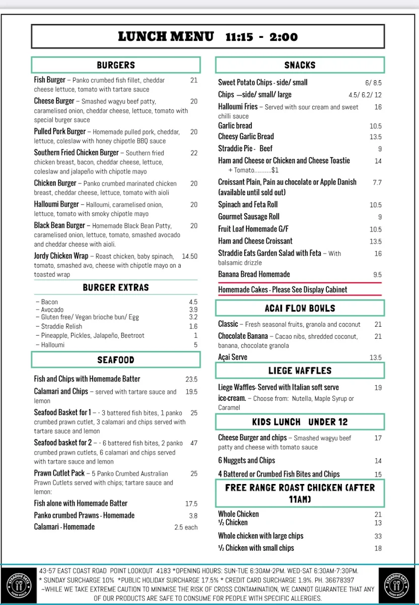 Menu, Straddie Eats