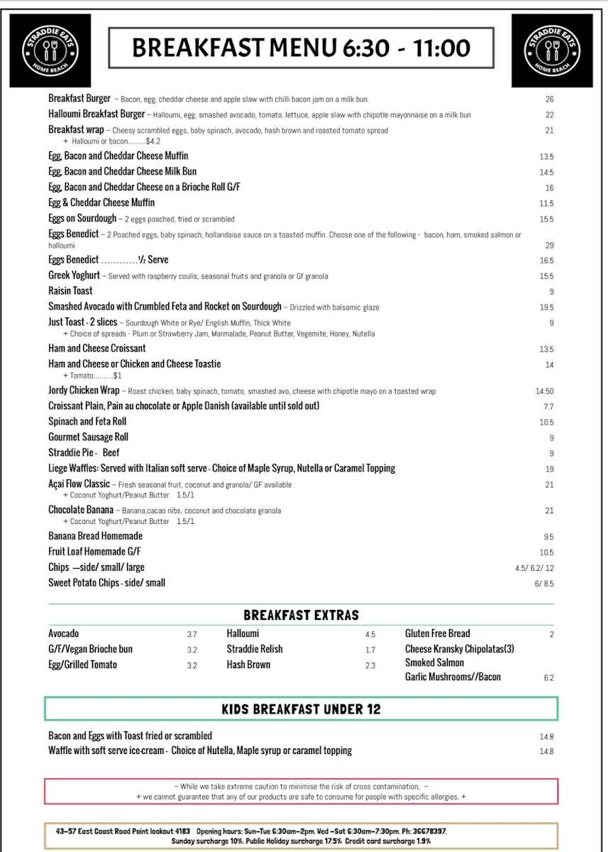 Menu, Straddie Eats