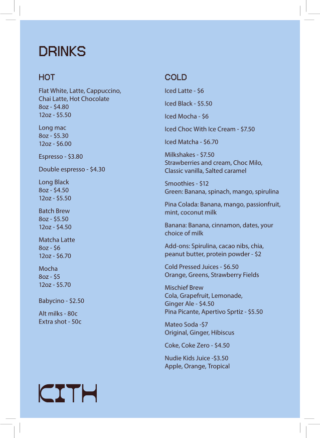 Menu, Kith Eatery