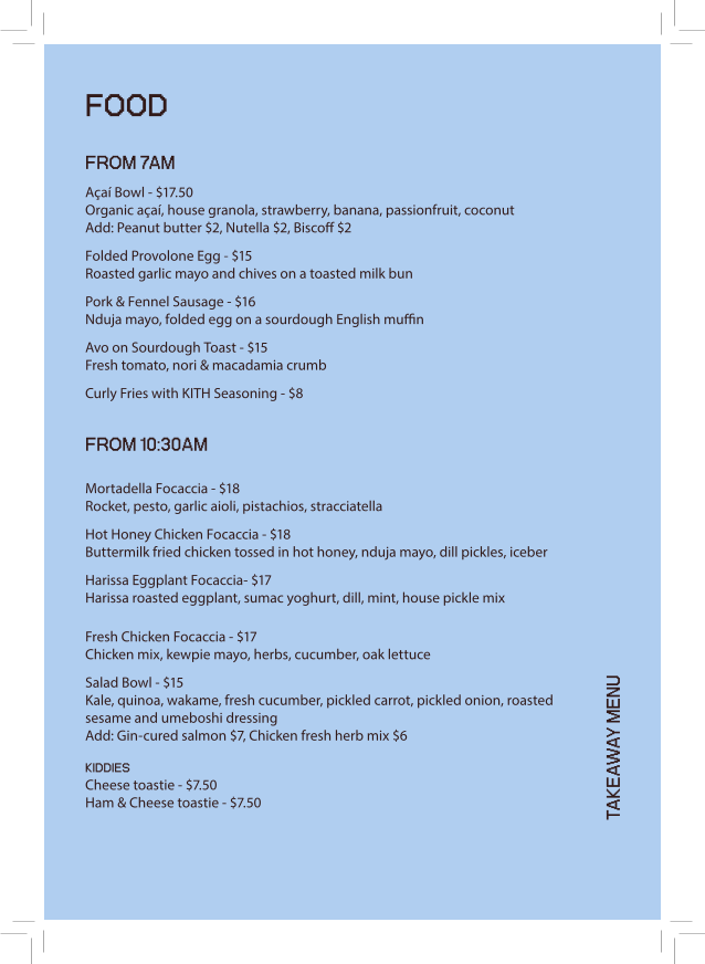 Menu, Kith Eatery