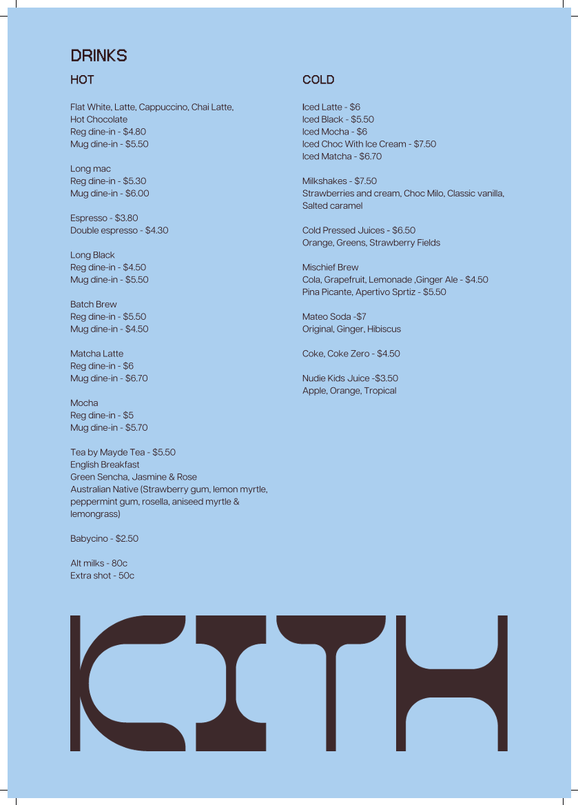 Menu, Kith Eatery