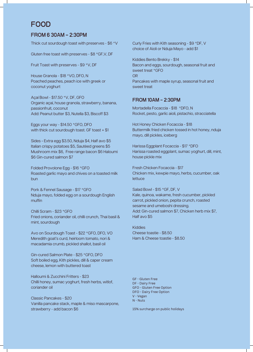 Menu, Kith Eatery