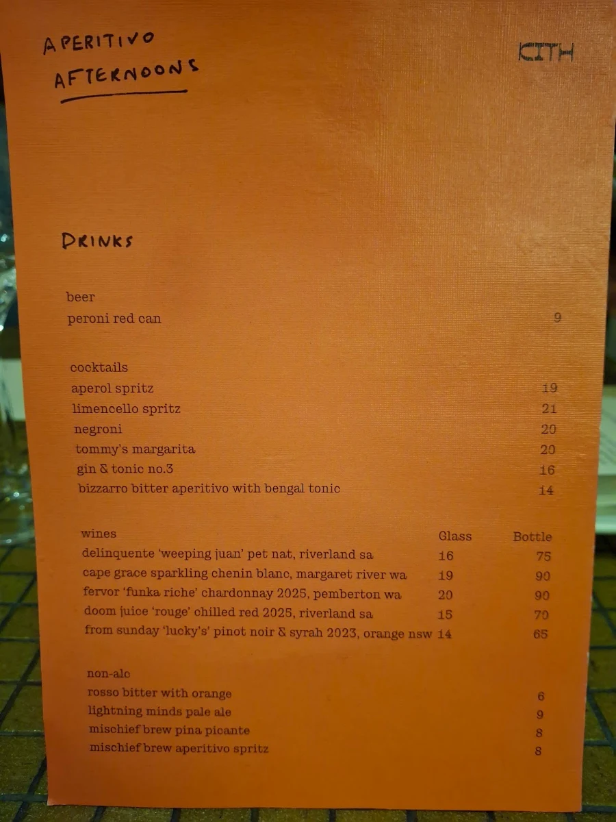 Menu, Kith Eatery
