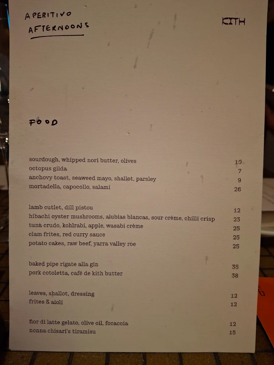 Menu, Kith Eatery