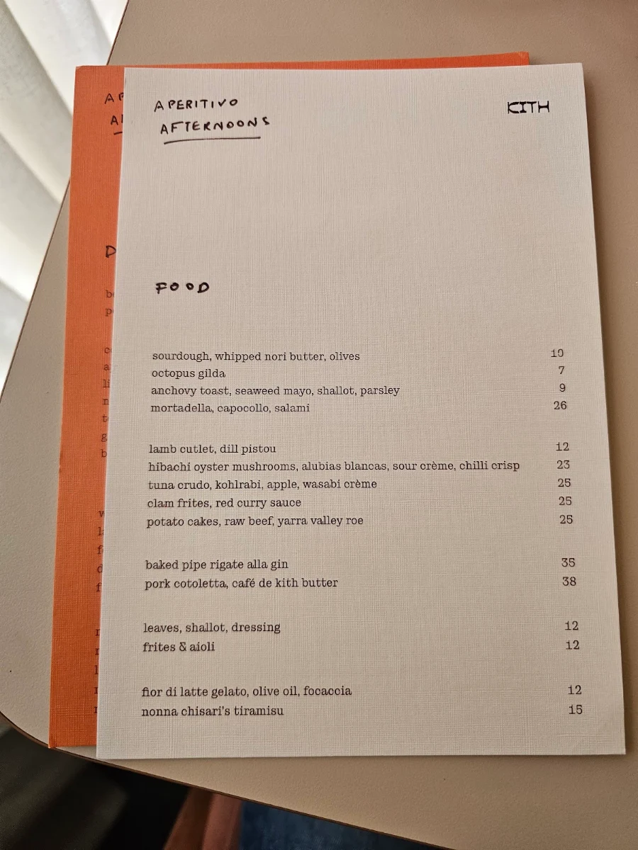 Menu, Kith Eatery