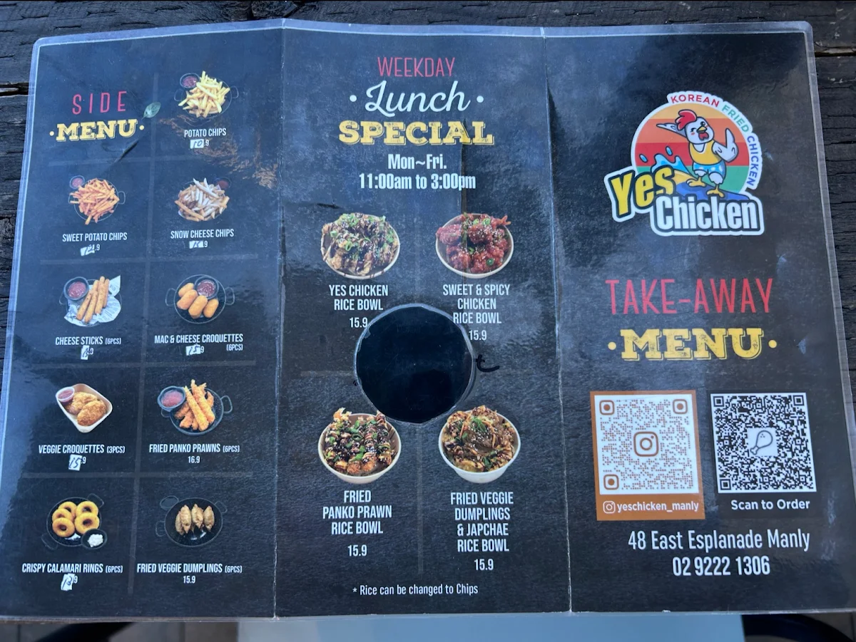 Menu, Yes Chicken (Korean Fried Chicken) in Manly