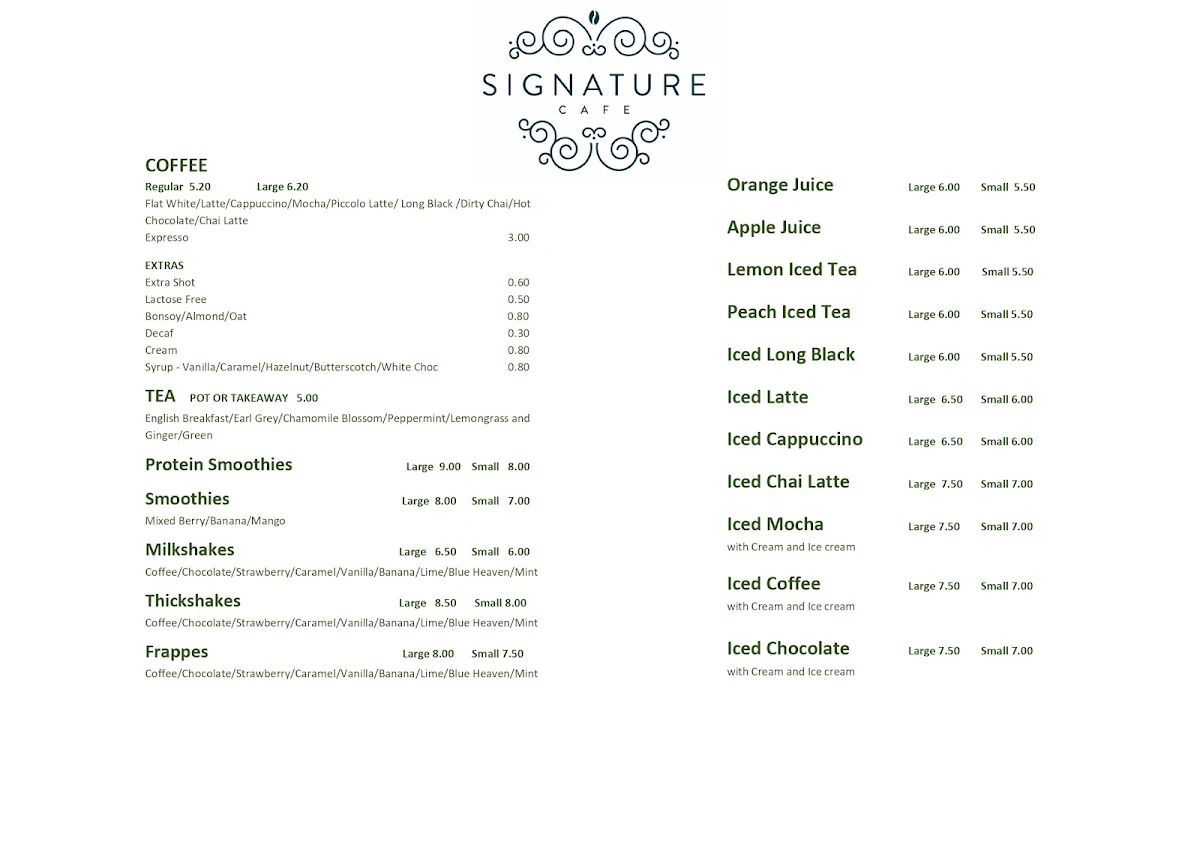 Menu, Signature Cafe Helensvale