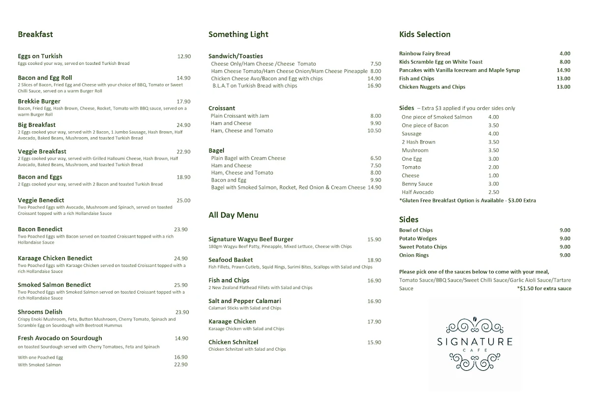 Menu, Signature Cafe Helensvale