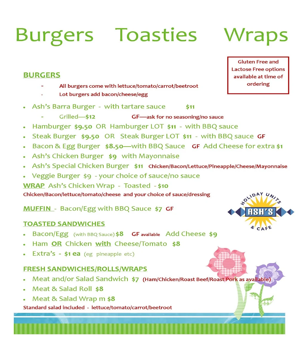 Menu, Ash's @ the Point Cafe, Karumba Point
