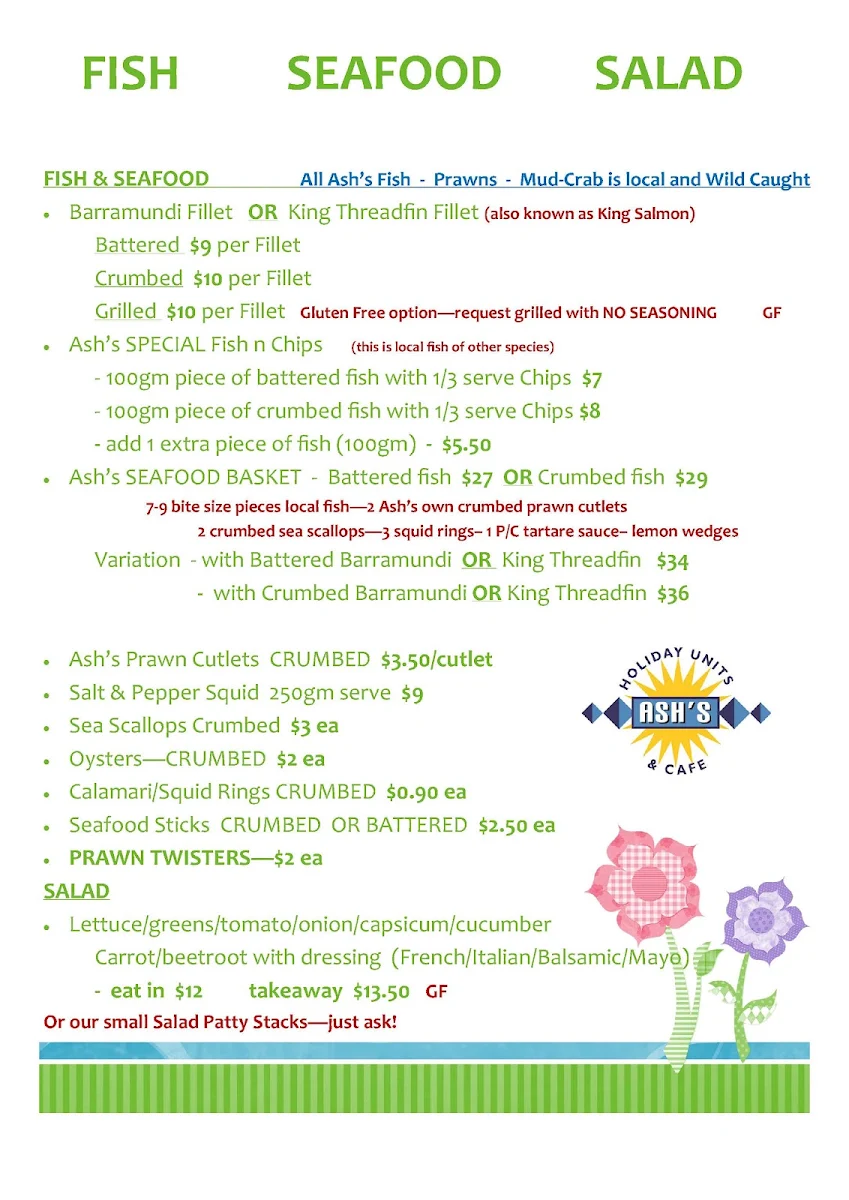 Menu, Ash's @ the Point Cafe, Karumba Point