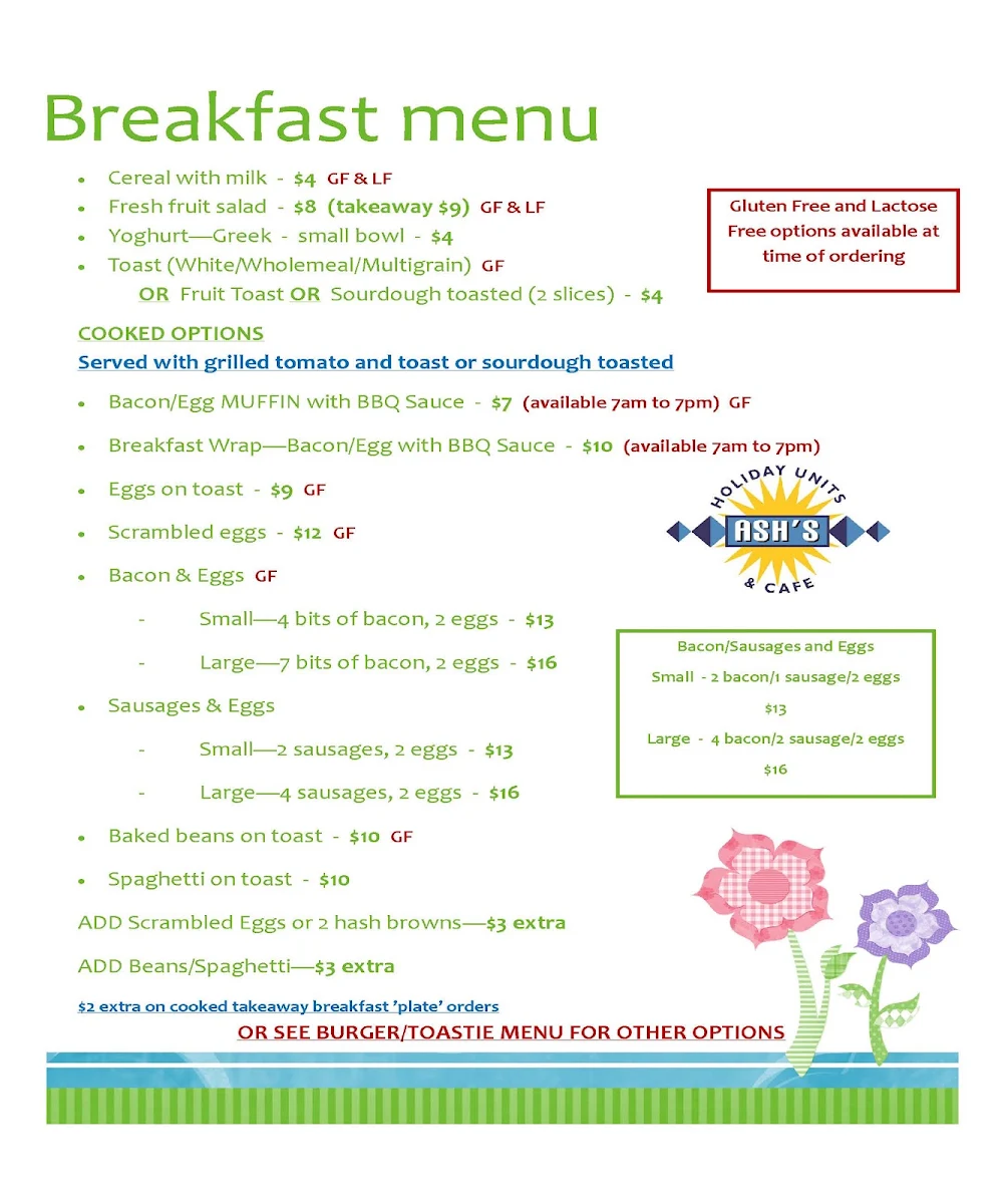 Menu, Ash's @ the Point Cafe, Karumba Point