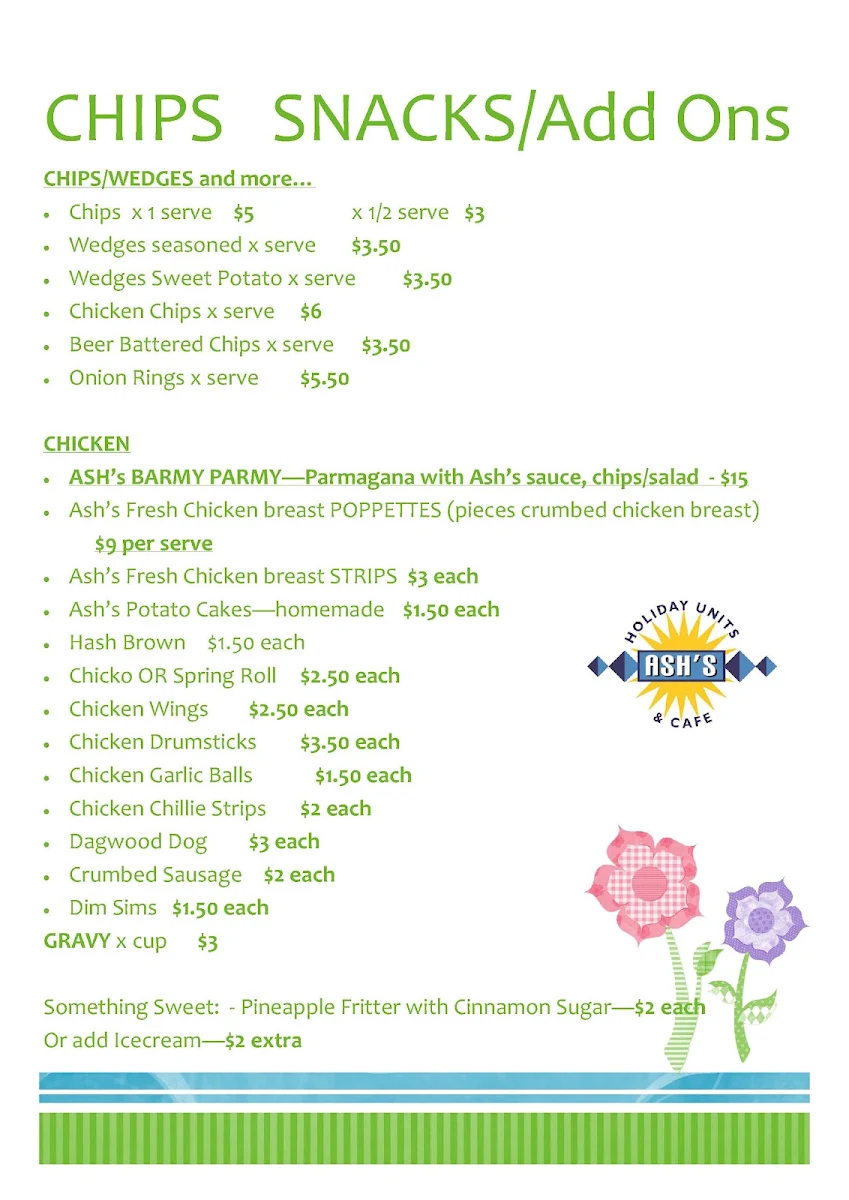 Menu, Ash's @ the Point Cafe, Karumba Point