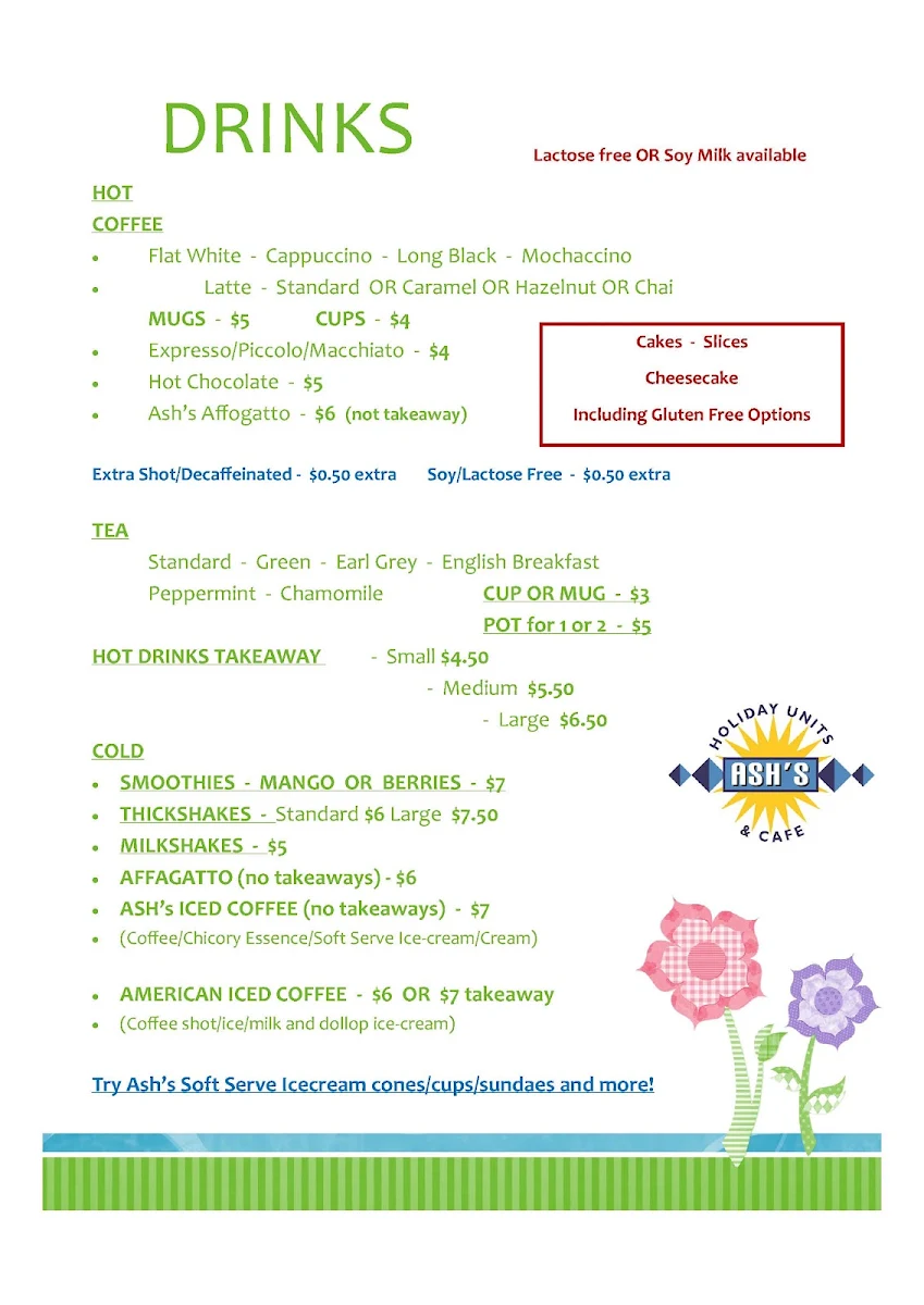 Menu, Ash's @ the Point Cafe, Karumba Point
