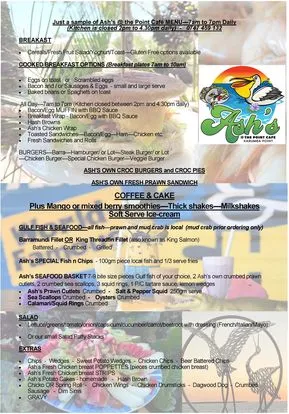 Menu, Ash's @ the Point Cafe, Karumba Point
