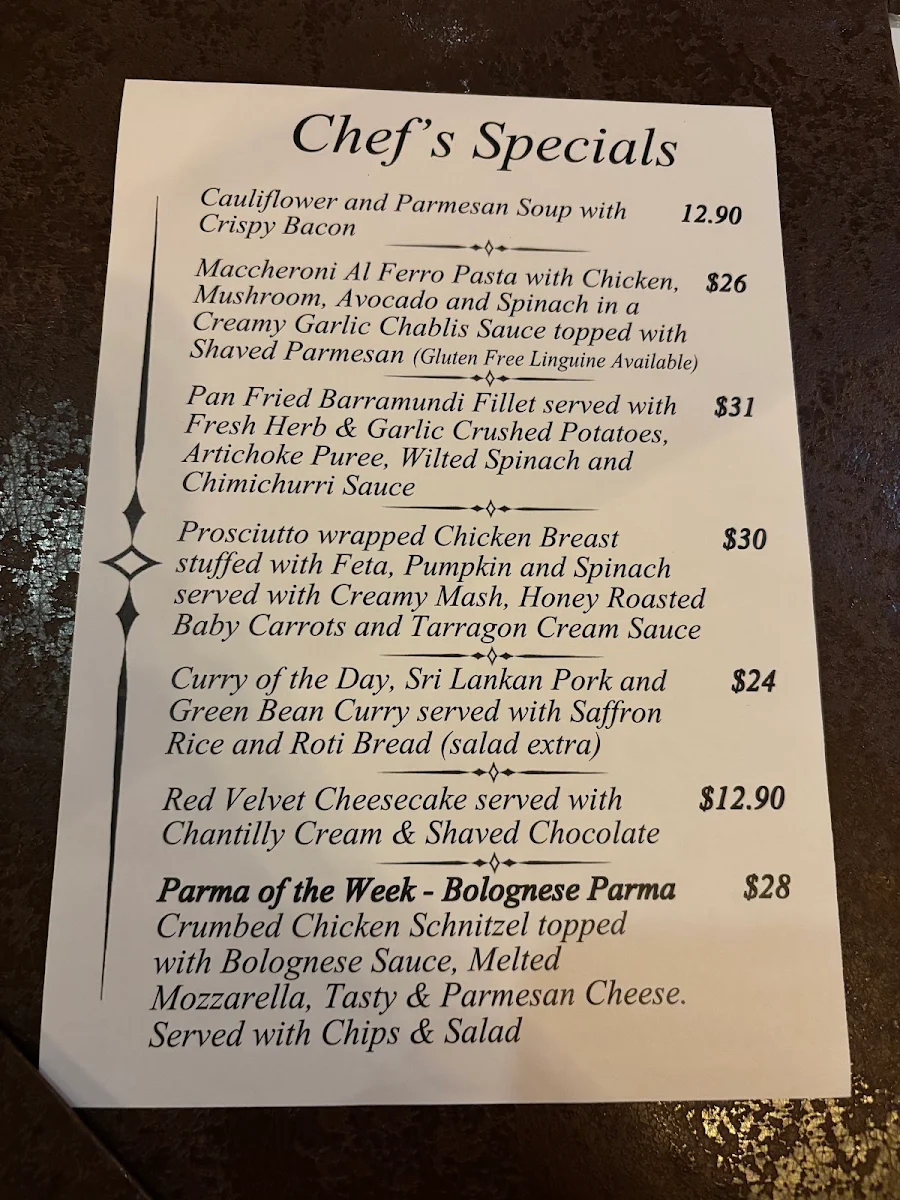 Menu, Racecourse Hotel Werribee