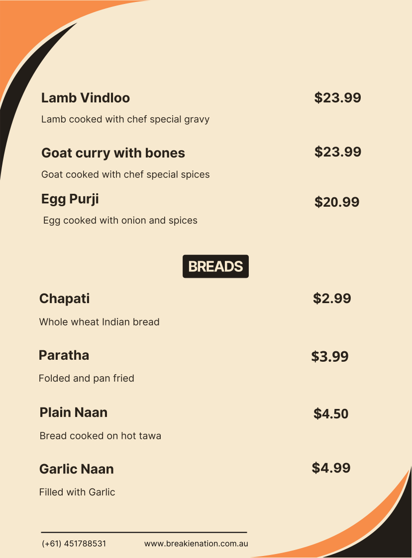 Menu, Breakie Nation